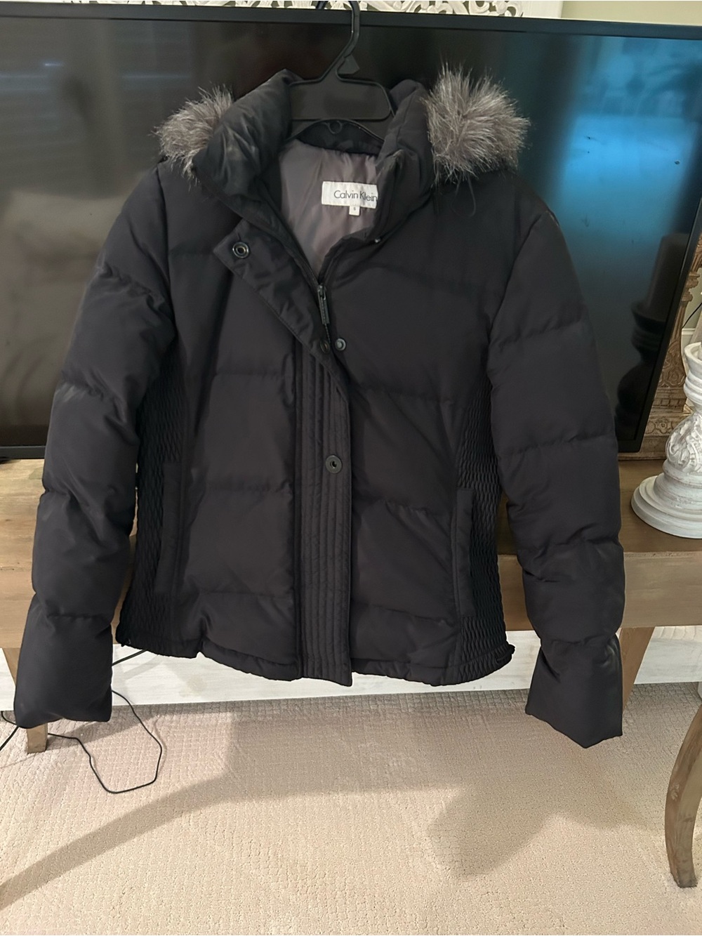 Calvin Klein Black Quilted Puffer Jacket with Faux Fur Trim